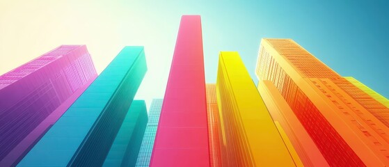 3D bar graph growing into a vibrant rainbow skyscraper, futuristic financial concept