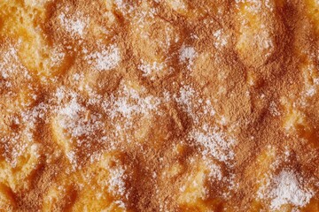 Top down close up of a golden brown Spanish funnel cake dusted with powdered sugar and cinnamon