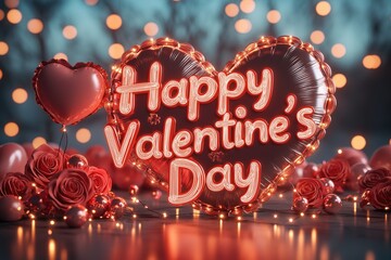 3D rendering of "Happy Valentine's Day" in glowing letters with heart-shaped balloons and roses, surrounded by romantic lighting, perfect for a greeting card or social media post celebrating love.