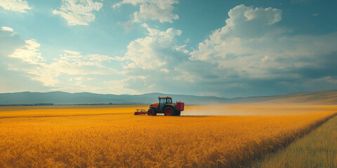 Naklejka premium Harvesting action golden wheat fields rural landscape tranquil environment wide-angle view agricultural concept for effective seo