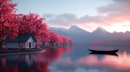 Fototapeta premium Serene Landscape with Cherry Blossom Trees Reflecting on Calm Water at Sunrise, Surrounded by Majestic Mountains and a Tranquil House by the Shore