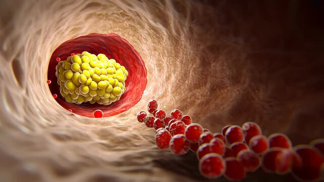 Visual representation of fat globules traveling through a blood vessel in the human body