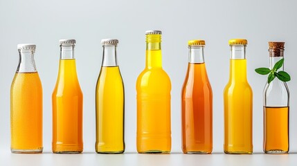 Assortment of Colorful Bottles with Yellow Beverage Liquid Displayed on a Light Background Showcasing Different Designs and Types of Refreshing Drinks