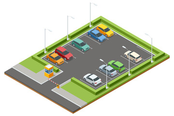 Secure gated parking lot isometric design with lush green hedges and vibrant vehicles. Features an entrance booth and lighting setup © Golden Sikorka