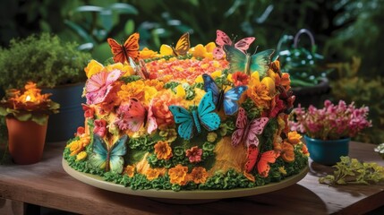 The fantasy cake is shaped like a blooming garden. The macaroni pieces are colored in bright shades of green, pink, and orange, forming a flower and leaf pattern.