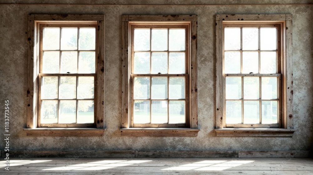 Poster three vintage windows in a rustic room with sunlight streaming through