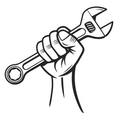 Hand Holding Wrench. Vector Line Art Design