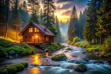 A cozy cabin glows magically in a long-exposure forest river scene, its lights painting the night.