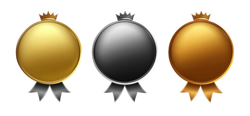 Three shiny medals with ribbons in gold, silver, and bronze, each topped with crown, symbolize achievement and excellence