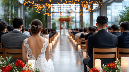 beautiful wedding ceremony with guests seated in decorated venue