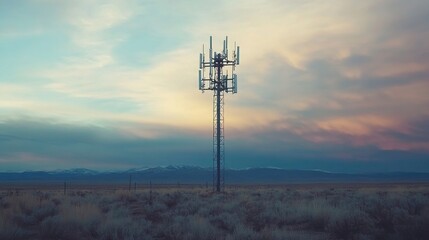A cell phone tower in an open field with minimal structures around, standing against a cloudy sky, capturing a sense of isolation and broad signal coverage.