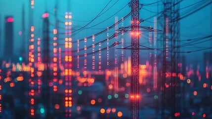 Obraz premium Dynamic energy infrastructure at night urban powerlines cityscape modern