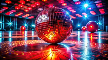 Aerial drone footage captures a vibrant nightclub party, glittering disco ball reflecting vibrant lights.