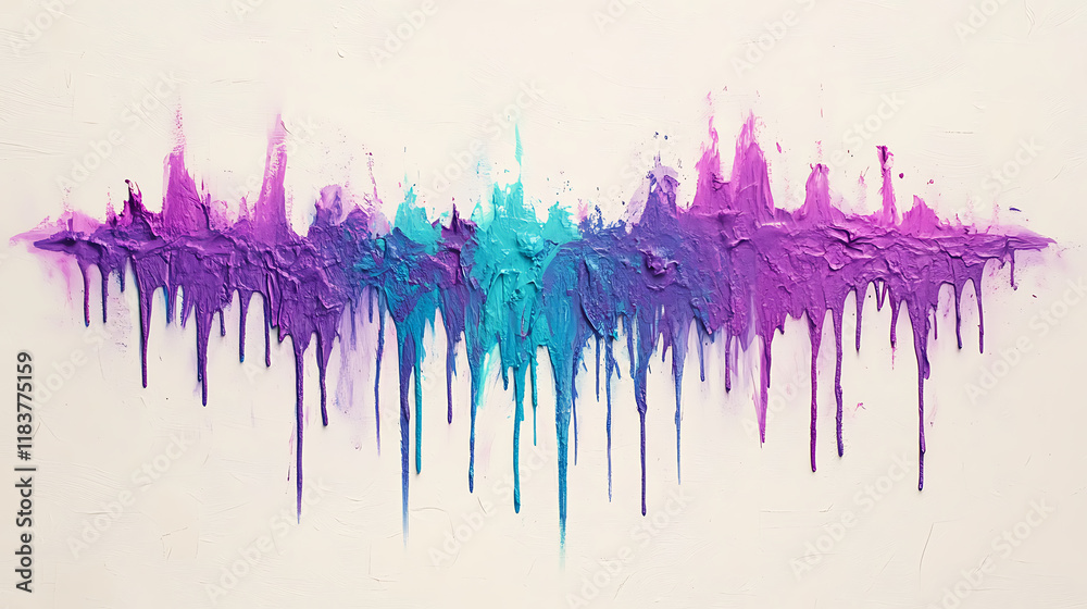 Poster multicolored purple and teal abstract paint splash with drips on paper textured background