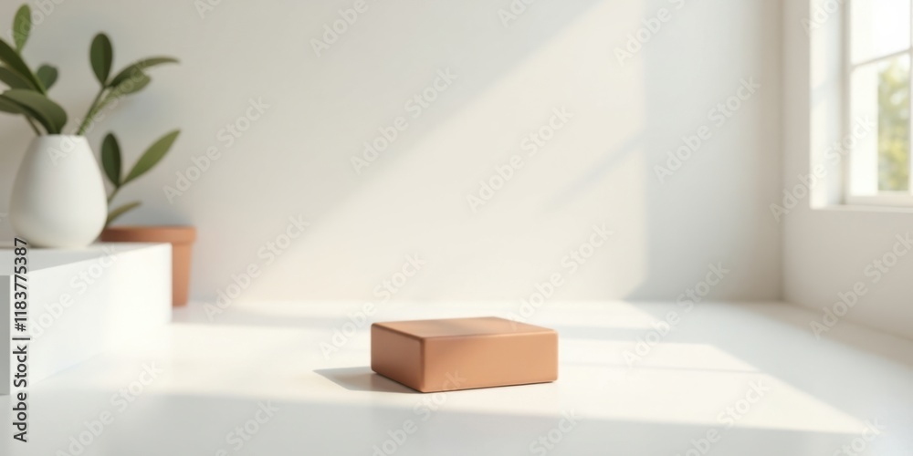 Aufkleber minimalist product display with soft sunlight and greenery
