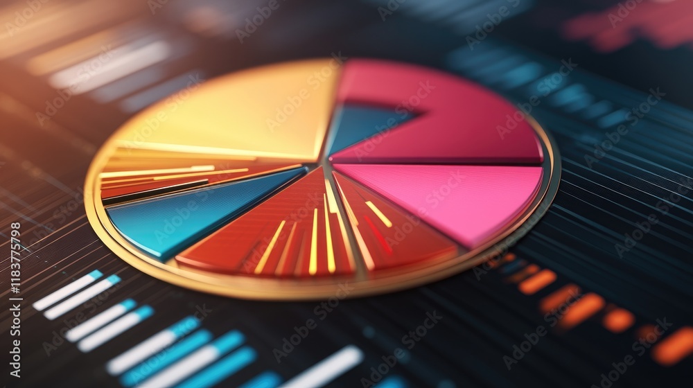 Poster a close-up of a d pie chart with metallic textures, displaying financial performance analysis, with 