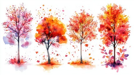 Painting of four trees showcasing the progression of autumn colors