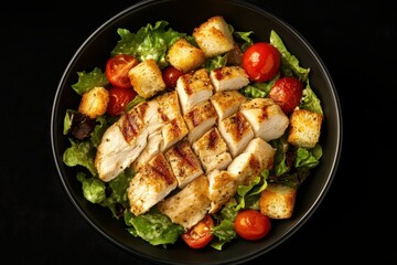 Top view of traditional Italian chicken Caesar salad with tomatoes and croutons