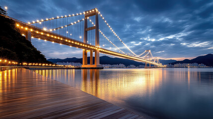 Fototapeta premium Stunning view of Busan Bridge illuminated at night, reflecting on water