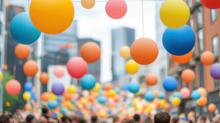 Colorful balloons float above lively street scene, creating festive atmosphere. vibrant hues of orange, blue, and yellow enhance joyful