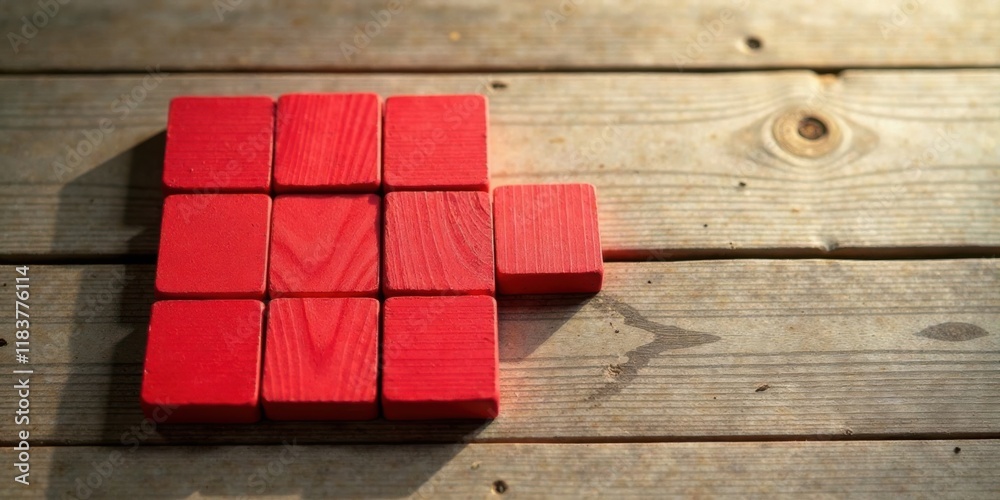 Aufkleber Red Wooden Blocks Arranged on Rustic Wood Surface