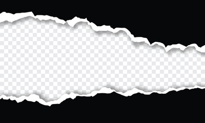 Black torn paper with Ripped edges isolated transparent background with shadow effect in horizontal banner