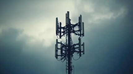 A close-up of a cell phone tower with detailed equipment, set against a background of cloudy sky, emphasizing the complexity of modern telecommunications.