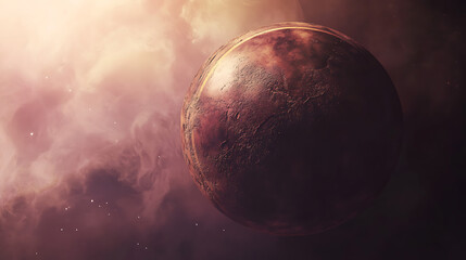 Mysterious planet in a cosmic background with soft clouds and vibrant colors