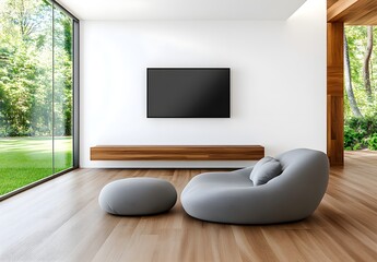 Modern and Minimalist Living Room with Natural Light, Comfortable Bean Bag Chairs, and Large Glass Windows Overlooking Lush Greenery Outside
