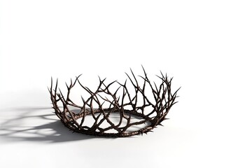 Fototapeta premium Branches of thorns woven into a crown depicting the crucifixion casting a shadow on isolated white background - 3D render 