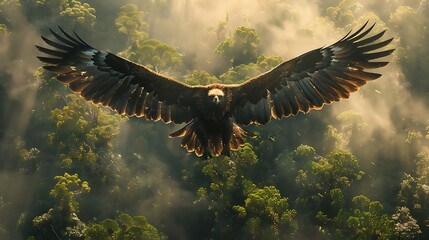 Obraz premium Large majestic eagle soars dynamically over a dense green jungle canopy shrouded in light mist.