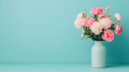 Fototapeta premium Soft Pink Flowers in a Mint Green Vase Against a Bright Turquoise Background for a Fresh and Modern Interior Decor Style