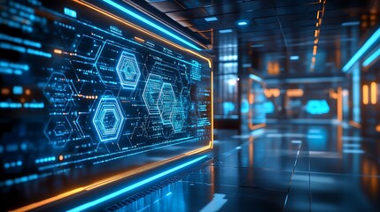 Futuristic data visualization event technology hub digital environment close-up