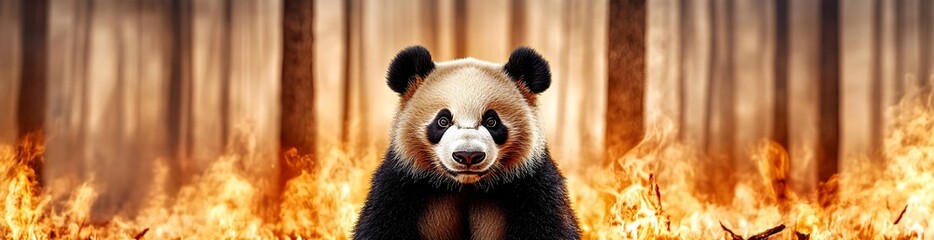 Fototapeta premium Captivating Panda Amidst Flames in a Forest Landscape Setting, Emphasizing Nature's Contrast and Wildlife Resilience in Troubling Conditions