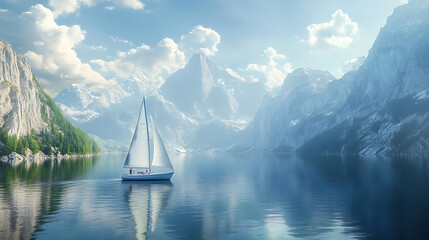 Naklejka premium Serene sailing adventure in a picturesque mountain lake scene