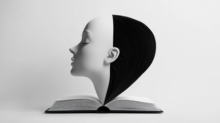White silhouette head cutout, dramatic black book placement, pages partially revealed, pristine white backdrop, contemporary minimal aesthetic, knowledge symbolism, clean 3d illustration