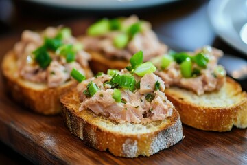 Tuna spread bruschetta topped with green onion and fish rillettes on a wooden platter