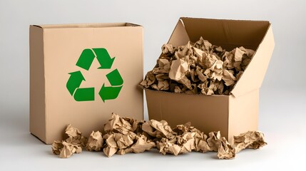 Sustainable Recycling Practices: A Cardboard Box Filled with Crumpled Brown Paper and a Green Recycling Symbol Illustrating Waste Reduction Concepts
