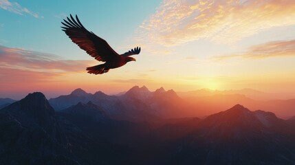 Fototapeta premium An eagle soars against a colorful sunset, with mountains in the background, capturing the essence of freedom and nature's beauty.