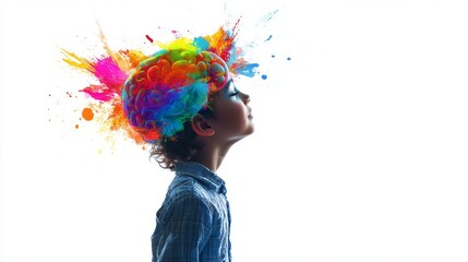 artistic education composite, child scholar pose, floating brain design with multicolor splash effect, contemplative young learner, light academic setting, modern teaching visual, dynamic paint