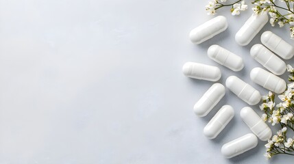 White Capsules Arranged on Soft Background with Delicate Blossoms Creating a Serene and Tranquil Atmosphere for Health and Wellness Themes