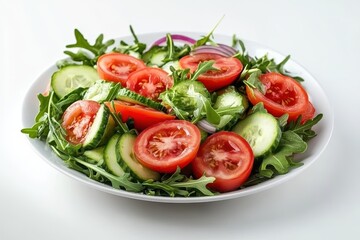 Vegan veggie salad featuring tomatoes arugula cucumbers and onion set against a vibrant backdrop