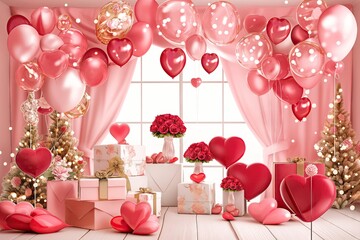 A romantic Valentine's Day backdrop with heart-shaped balloons, pink and red roses, gift boxes on the floor, and delicate curtains framing a window, creating an atmosphere of love and celebration.