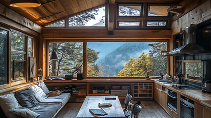 Fototapeta premium Stylish studio interior with chill and cooking area with panoramic window