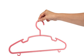 Plastic clothes hanger in hand isolated on transparent background 