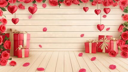 A romantic Valentine's Day scene with heart-shaped balloons, roses, and red gift boxes on a white wooden floor, featuring pink floral patterns and an elegant atmosphere.