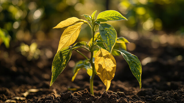 A pepper plant with yellowing leaves in compacted soil, with the rest of the garden softly