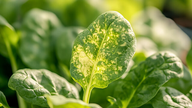 A spinach leaf with yellowing edges from potassium deficiency