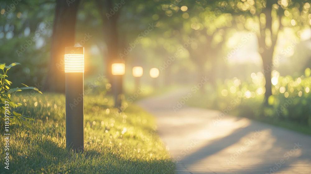 Poster serene pathway illuminated by soft lights, surrounded by lush greenery. warm glow creates peaceful a