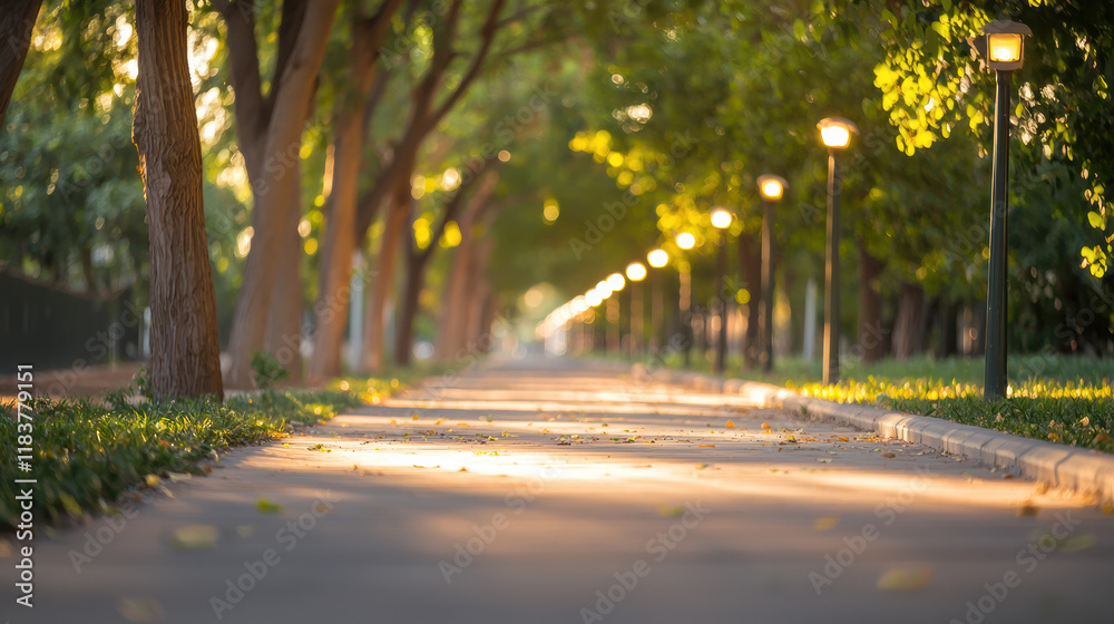 Poster serene pathway lined with trees and warm streetlights, creating peaceful atmosphere. soft glow enhances beauty of nature